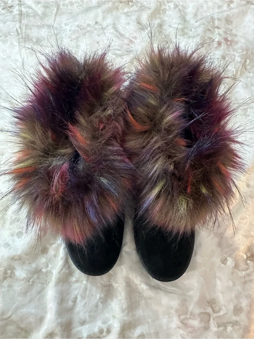 Dolls Kill Black Boots with Multicolor Faux Fur Cuff